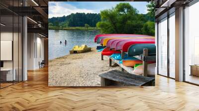 A view of the beach area at Lake Crabtree with people playing in the water with colorful canoe racks nearby in Morrisville, North Carolina.  Wall mural