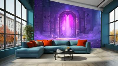 An abandoned magic castle fantasy game scene. A dark medieval spooky palace room with a purple aura steam doorway entrance. Broken floor inside a temple with a spider web illustration on top. Wall mural