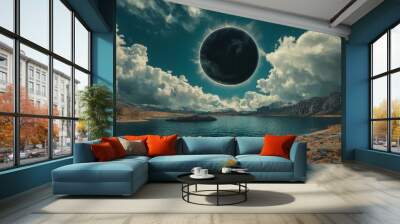 An abstract fantasy neon space landscape with nebulae, monsoons, mountains, fog and silhouettes. A 3D illustration depicting the horoscope and zodiac signs. Wall mural