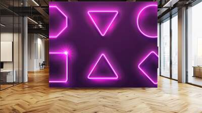 An abstract modern set of neon light frames isolated over a transparent background with glowing lines bordering square, circle, triangle, and hexagon shapes. Wall mural