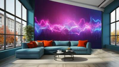 An abstract sound light modern background with neon audio voice frequency waves. A radio pulse effect curve design. A colorful bass musical track line illustration. An electronic record led graph Wall mural