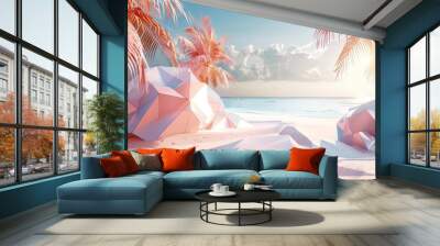 An abstract summer beach scene with geometric forms. A 3D rendering of the scene. Wall mural