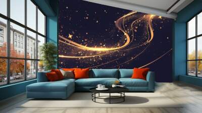 An abstract swirl line with shimmer and sparkle motion. Festive Christmas confetti and stardust on a black background. Wall mural