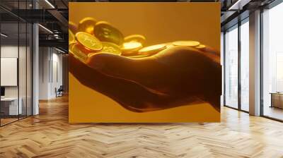 An african american person holds gold coins in his hand with a financial, payment, savings, donation, currency exchange, credit concept. 3D render illustration. Wall mural