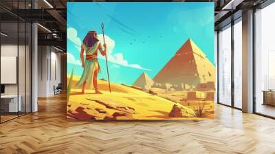 An ancient Egyptian pharaoh with a rod and pyramids in a yellow desert landscape. Modern illustration of yellow sand dunes, pharaoh tombs, figures of a king of Egypt, and tumbleweed. Wall mural