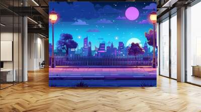 An animated cartoon of a summer landscape with roads, street lights, cities, trees, bushes and buildings behind a fence at night. Modern parallax background for 2D animations. Wall mural