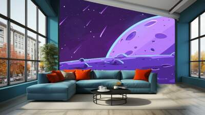 An animated space banner depicts a purple planet surface with craters in a night galaxy sky Wall mural