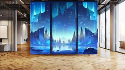 An arctic panorama of the northern lights, a cartoon winter landscape with a lake, silhouettes of trees and polar lights on bookmarks. Wall mural