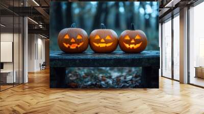 An eerie forest with glowing jack-o'-lanterns on a wooden bench. Wall mural