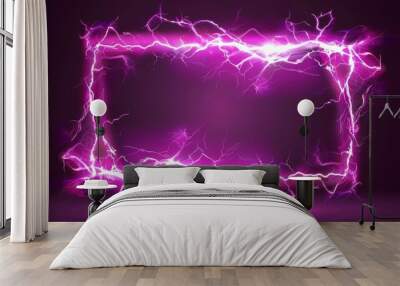 An electric thunder energy glow. Neon magic effect with plasma shock power. A thunderbolt shock wave flare element with violet electro sparkles. Wall mural