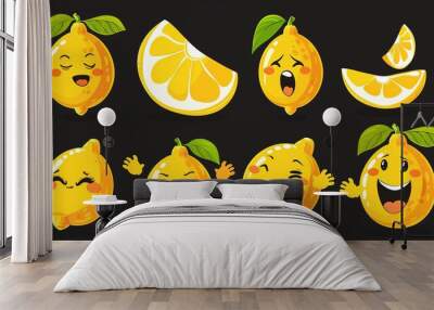 An elegant yellow citrus character with a variety of facial expressions, isolated on a black background. Emoji set with fresh lemon with hands and face, modern cartoon illustration. Wall mural