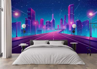 An empty highway leads to a futuristic night city with fantastic multistorey buildings adorned with neon lights. Cartoon modern landscape of a futuristic cyber high technology downtown with empty Wall mural