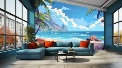 An empty shore scene of a summer tropical lagoon with calm sea or ocean water, a beach with sand, stone trees, coconut palm trees, rocky mountains and blue sky. Cartoon modern empty shore scenery. Wall mural