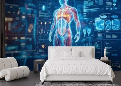 An examination of a human body using generative AI in a medical hologram, futuristic healthcare, futuristic science concept. Wall mural