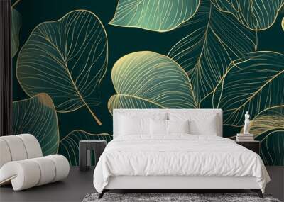 An exotic tropical background with gold and green leaves for wallpaper, decor, interiors, packaging, and more. Wall mural