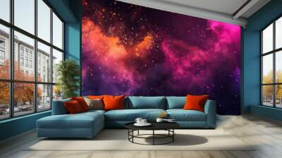 An explosion of color powder, green dust and pink, orange, purple dust on a black background. Modern illustration of a horizontal poster with a blend of colors, smoke clouds and paint bursts. Wall mural