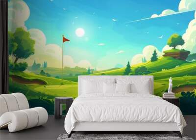 An idyllic golf course landscape, with green grass, pole flags, holes for balls, and trees near blue skies and bright sun. Place for recreational sport, Modern illustration, Cartoon background. Wall mural