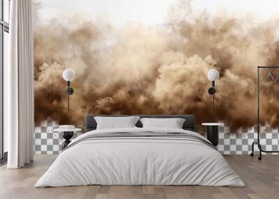 An illustration of a desert sandstorm with brown dusty clouds flying with gusts of wind, brown smoke, and small grains of realistic dust modern illustration on transparent background. Wall mural