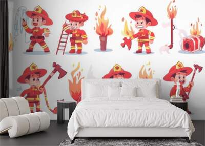 An illustration of a fire fighter, in uniform, fighting with a blaze in a linear flat style. The boy fireman holds a ladder, extinguisher, water hose, and axe. The little character saves a kitten by Wall mural