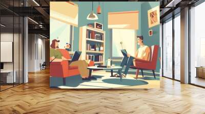 An illustration of a modern, stylish living room with a couple, a chair, a sofa, a bookcase, and coffee cups. Modern flat illustration showing a freelancer working with a laptop and phone at home. Wall mural