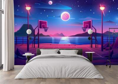 An illustration of a night basketball court on the seashore. Modern cartoon illustration of a dark playground lighted by street lights. A seaside beach with rocky stones and moon and stars in the Wall mural