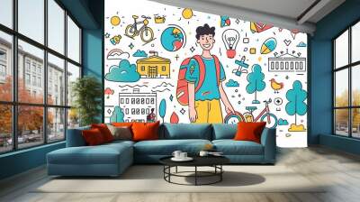 An illustration of a student showing different aspects of campus life. Wall mural