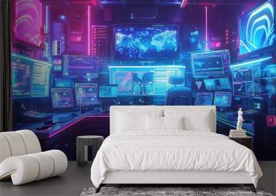 An illustration of a stylish hacker's workspace with multiple screens and a vivid neon blue backlight - A sleek, modern digital piece illustrating a hacker's workspace with multiple screens. Wall mural