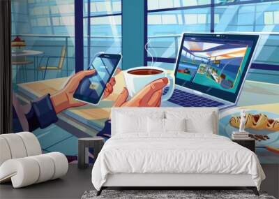 An illustration of human hands holding a coffee cup and cellphone at work with a laptop and pastry. An illustration of the beginning of the day with a mug and smartphone. An illustration of the Wall mural