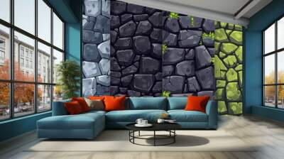 An illustration of land or mountains walls with black and green stone blocks and cracked concrete for a game background. Wall mural