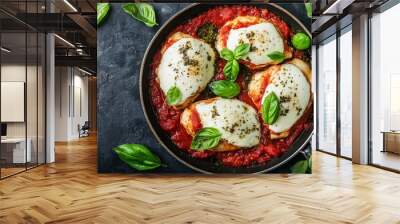 An image of a cooked chicken parmigiana combination at the top Wall mural