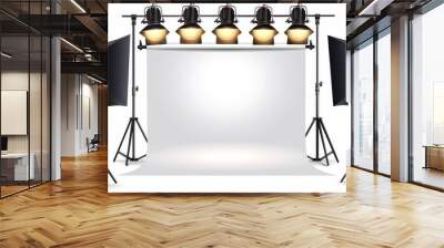 An image of a photo studio lighting setup that includes spotlights and a white blank background with warm yellow illumination. A professional photo lamp hanging from a tripod with a cyclorama Wall mural