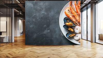 An image of an international cuisine featuring grilled seafood and roasted vegetables beautifully displayed on a white dish with plenty of copy space Wall mural