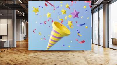 An individual yellow plastic party popper with flying paper confetti, stars, and decorative elements for a birthday or winner's congratulation concept. Realistic, 3D modern illustration. Wall mural