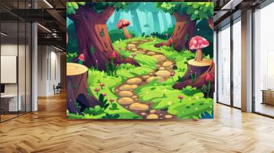 An interactive map of a forest with tree stumps and logs covered in moss and fantasy glowing mushrooms. A cartoon level interface with a walkway through a brown wood trunk that's covered in fungus Wall mural