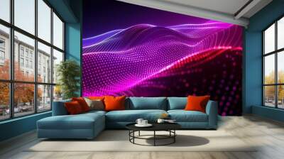 An interior hallway with neon lights on the walls and reflections on the floor. A realistic 3D background with path and luminous lamps. An abstract futuristic background with an electric glow tunnel Wall mural