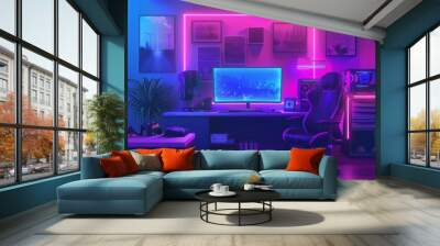 An interior illustration of a video game stream office with a neon screen and a computer modern background. An interior illustration of a living room where a console, joystick and playing equipment Wall mural