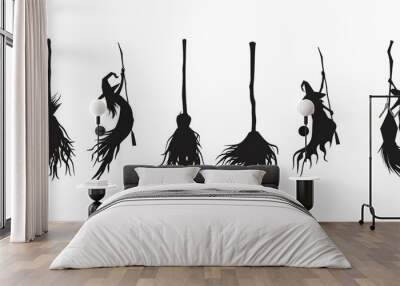 An isolated contemporary illustration of a witch symbol on a set of broomsticks: a Halloween logo based on the witch symbol. Wall mural