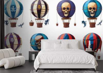 An isolated hot air balloon with basket icon set against a white background. Cartoon pirate aerostat with skull illustration. Blue and red hot air balloon design collection image. Wall mural