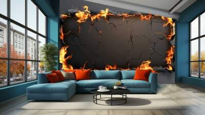 An isolated illustration of burnt paper borders on a charred background with smouldering fire. Realistic 3d modern objects set with burnt, torn or ripped frames. Wall mural