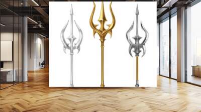 An isolated set of mythology weapons of Phoseidon, Triton, or Neptune with gold and silver trident and devil pitchfork on a white background. Wall mural