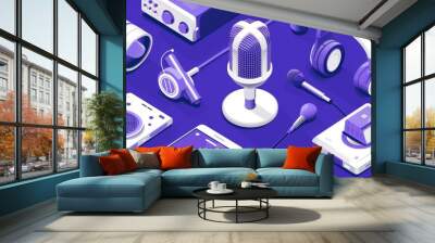 An isometric mock up of a podcasting business with media equipment, the microphone, a smartphone, and speakers on a landing page. Record an audio broadcast, audio interview, or live talk. Wall mural