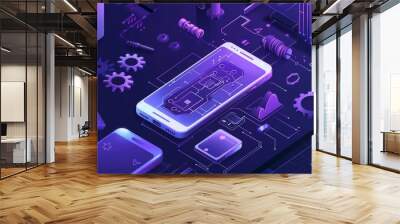 An isometric web banner the repair service delivers, showing a disassembled mobile phone in 3D modern line art, a smashed smartphone with gears and a microcircuit, and a broken touchscreen of an Wall mural