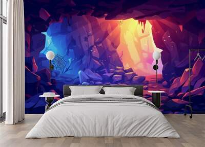 An old mine with fantasy dark scene with stones and cobwebs. A cartoon cave interior with sunlight from a ceiling. Sketch image of a rocky landscape inside a mountain for an adventure game Wall mural