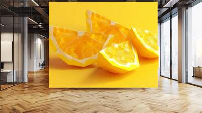 An orange slice with polygon shapes on a yellow background. An illustration in 3D. Wall mural