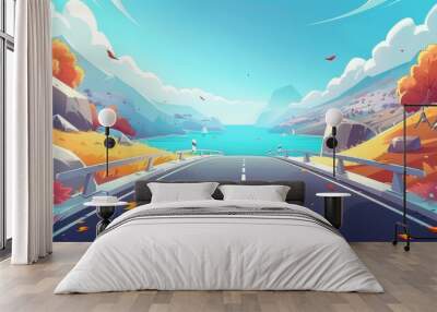 An overpass road, a highway in autumn nature, an empty road around a bay of water, two lane asphalted turning direction, fall journey Cartoon modern illustration Wall mural