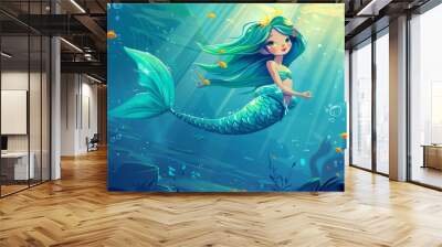 An underwater mermaid with a little fish in a sea of bubbles. A modern cartoon illustration of a cute girl fish character with green hair and a tail full of scales. Wall mural