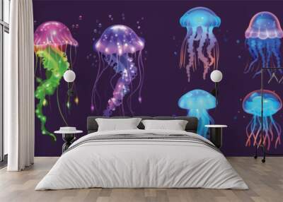 An underwater sea creature with a long poisonous tentacle, a colorful jellyfish. Tropical medusa aquatic wildlife, beautiful sea life, cartoon illustration. Wall mural