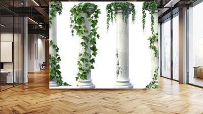 Ancient classical stone roman or greek architecture for interior facade design with ivy columns and climbing liana plants on white background. A realistic 3d modern set of classical stone stone roman Wall mural