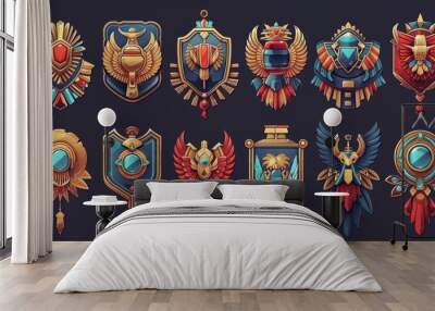 Ancient Egyptian game user interface gold frame. Pharaoh treasure symbol design with scarab and ornament. Mythology divider icon kit with red and blue art. Abstract border asset for app interfaces. Wall mural