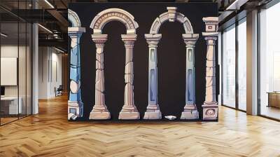 Ancient Greek, Roman, and Arab stone archways. Modern cartoon set of old architecture elements, entrance with antique pillars and columns isolated on black. Wall mural